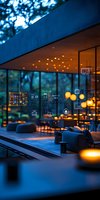 Modern smart home interface displayed on glass window with ambient lighting and cozy interior, blending technology and comfort in evening atmosphere.