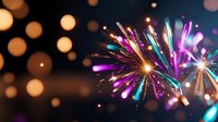 Vibrant fireworks display with purple and turquoise bursts against dark night sky, creating magical bokeh effect and sparkling light trails. Perfect for celebration backgrounds.