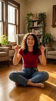 Happy young Hispanic woman celebrating success sitting cross-legged on wooden floor in cozy living room with plants and natural sunlight streaming through windows.