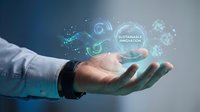 Businessman hand holding glowing sustainable innovation hologram with digital network icons and green technology symbols representing eco-friendly business solutions.