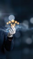 Businessman in dark suit holding glowing five-star rating with 5.0 score and sparkles, representing customer satisfaction, feedback, and service excellence for business and marketing.