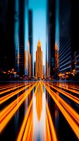 Dynamic urban landscape with glowing orange light trails leading to illuminated skyscrapers against blue twilight sky, creating dramatic motion and reflection effect.
