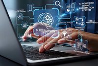 Professional using laptop with AI recruitment technology interface displaying automated hiring system icons and digital workflow elements for modern talent acquisition.
