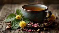 Herbal tea in ceramic cup with dandelion flowers and nettle leaves on rustic wooden table. Natural wellness drink with dried petals and herbs for relaxation.