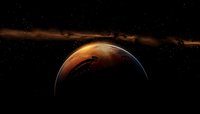 Red planet Mars with atmospheric glow against dark starry space background, showing curved horizon and cosmic dust clouds in deep space exploration scene.