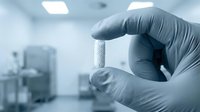 Scientist in sterile gloves holding white pharmaceutical tablet in modern laboratory setting with blurred equipment background. Medical research and drug development.