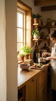 Woman in casual linen shirt preparing food at wooden kitchen counter by sunlit window with potted herbs and plants on shelves for home cooking and lifestyle content.