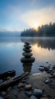 Zen stone stack on misty lake shore at sunrise with forest silhouette and golden sunlight reflection creating peaceful meditation atmosphere for wellness concepts.