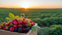 Fresh organic berries in wooden crate at sunrise over farm field. Healthy harvest of raspberries and blackberries with green leaves for natural food concepts.