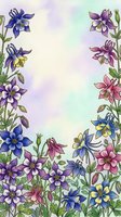 Watercolor columbine flowers frame in purple, blue, and pink on a soft pastel background, perfect for greeting cards and prints.