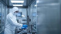 Scientist in protective suit working with laboratory equipment in sterile cleanroom environment for pharmaceutical research and development.