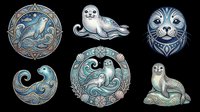 Ornate seal and sea lion illustrations with decorative circular frames, swirling water patterns, and intricate blue-green detailing. Isolated on transparent background, ready for clipart, t-shirt design, stickers, and print-on-demand projects.