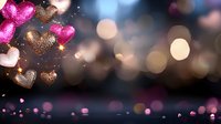 Glowing pink and gold heart shapes floating with sparkles against dark bokeh background, romantic Valentine's day celebration atmosphere with magical light effects.
