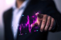 Businessman touching futuristic holographic stock market chart with glowing purple trading data visualization, financial analysis interface.