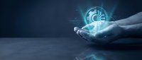 Hands holding glowing digital healthcare icon with medical symbols, telemedicine technology concept for modern medicine and digital health solutions.