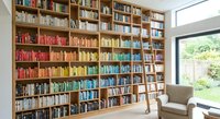 Floor-to-ceiling wooden bookshelf with color-organized books creating rainbow pattern in modern home library with reading chair and natural light.