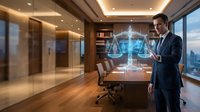 Professional businessman using holographic justice scales technology in modern law office conference room for legal consultation and digital transformation.