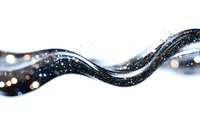 Elegant black and white flowing wave with sparkling particles and bokeh lights creating dynamic motion against white background. Modern abstract design element.