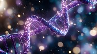Glowing DNA strand with purple and blue particles on dark background with bokeh lights, representing genetic research and biotechnology advancement.