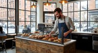 Male baker arranging fresh artisan bread display in modern urban bakery with large windows and industrial lighting during daytime service.