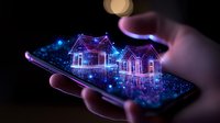 Glowing holographic houses emerging from smartphone screen with magical blue light effects and sparkles in dark environment, augmented reality concept.