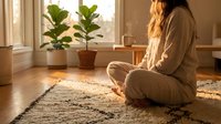 Woman in casual beige clothing sitting cross-legged on woven rug in sunlit room with potted plants by window, peaceful home interior scene.