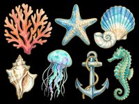 Watercolor ocean elements including coral, starfish, seashells, jellyfish, anchor and seahorse isolated on transparent background. Ready for t-shirt design, clipart, stickers, sublimation and print-on-demand projects.