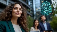 Young Mediterranean businesswoman with curly hair smiling outdoors near office building. Corporate team members in background with bokeh lights and urban setting.