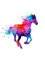 Colorful geometric horse silhouette with vibrant polygonal pattern and paint splashes on white background for creative design projects.
