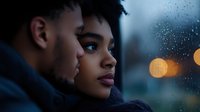 Young African American couple looking through rainy window with bokeh lights in background, intimate romantic moment captured in moody evening atmosphere.