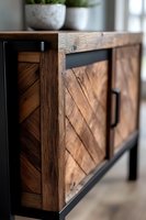 Modern wooden sideboard with diagonal pattern doors and black metal frame, featuring rustic oak finish and contemporary handles. Close-up view shows detailed woodwork.