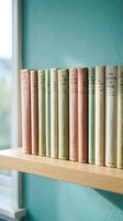 Row of vintage books in pastel colors arranged on wooden shelf against turquoise wall near window creating cozy reading nook atmosphere for home decor.