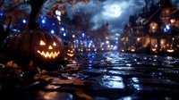 Carved jack-o-lantern glowing on wet street at night with full moon, illuminated houses, and festive lights creating spooky autumn holiday atmosphere for seasonal marketing and Halloween celebrations.