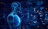 Glowing blue holographic human figure with visible brain and neural connections against dark background with digital data streams and futuristic interface elements.