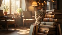Adorable tabby kitten sitting on stack of vintage books in cozy library with warm sunlight streaming through windows creating peaceful reading atmosphere.