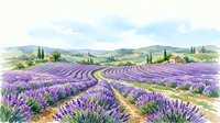 Watercolor lavender field landscape with rolling hills, farmhouses, and cypress trees under a soft sky, isolated on white background.
