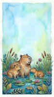 Watercolor capybara family with babies in wetland pond surrounded by cattails and water lilies on soft blue green background for nature designs.