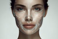 Young woman with facial recognition mapping technology overlay showing biometric scanning points and geometric lines for security identification systems.