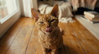 Orange tabby cat with tongue out sitting on wooden floor in cozy living room with natural window light and soft home decor background.