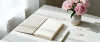 Open blank notebook with empty pages on white desk beside pink peony flowers in vase, soft natural lighting for journaling and creative writing projects.