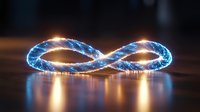 Glowing infinity symbol with blue light trails and reflections on dark surface creates futuristic technological mood for business and science concepts.
