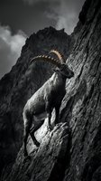 Mountain goat with curved horns climbing steep rocky cliff face against dramatic stormy sky in monochrome alpine wilderness landscape.