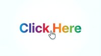 Colorful click here text with hand cursor icon on light background, web button concept for digital marketing and UI design.