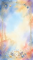 Watercolor celebration background with golden ornamental frame, champagne glasses, stars, and baubles on soft pastel gradient. Isolated design element suitable for greeting cards, invitations, and festive posters.