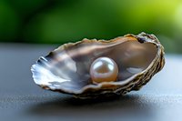 Single white pearl in opened oyster shell against dark surface with soft green bokeh background, macro photography showing luxury and natural beauty.