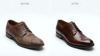 Leather shoe restoration before and after comparison showing worn brown dress shoe transformed into polished formal footwear for cobbler services.