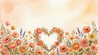 Watercolor floral heart frame with roses, poppies and wildflowers on soft peach background, perfect for Valentine cards and wedding design.