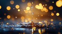 Water drop splash creating crown shape with floating droplets, captured at high speed against dark background with golden bokeh lights and reflections.