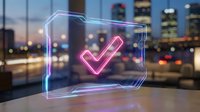 Neon pink checkmark symbol in futuristic holographic frame against blurred city skyline at dusk for business success and approval concepts.