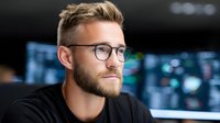 Young Caucasian male professional with glasses and beard working in modern tech office environment with multiple monitors in background.